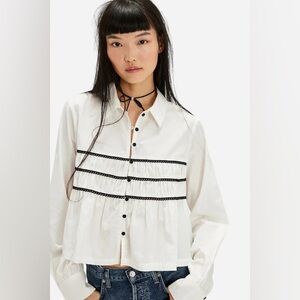 Free People White Button-Front Blouse with Black Trim